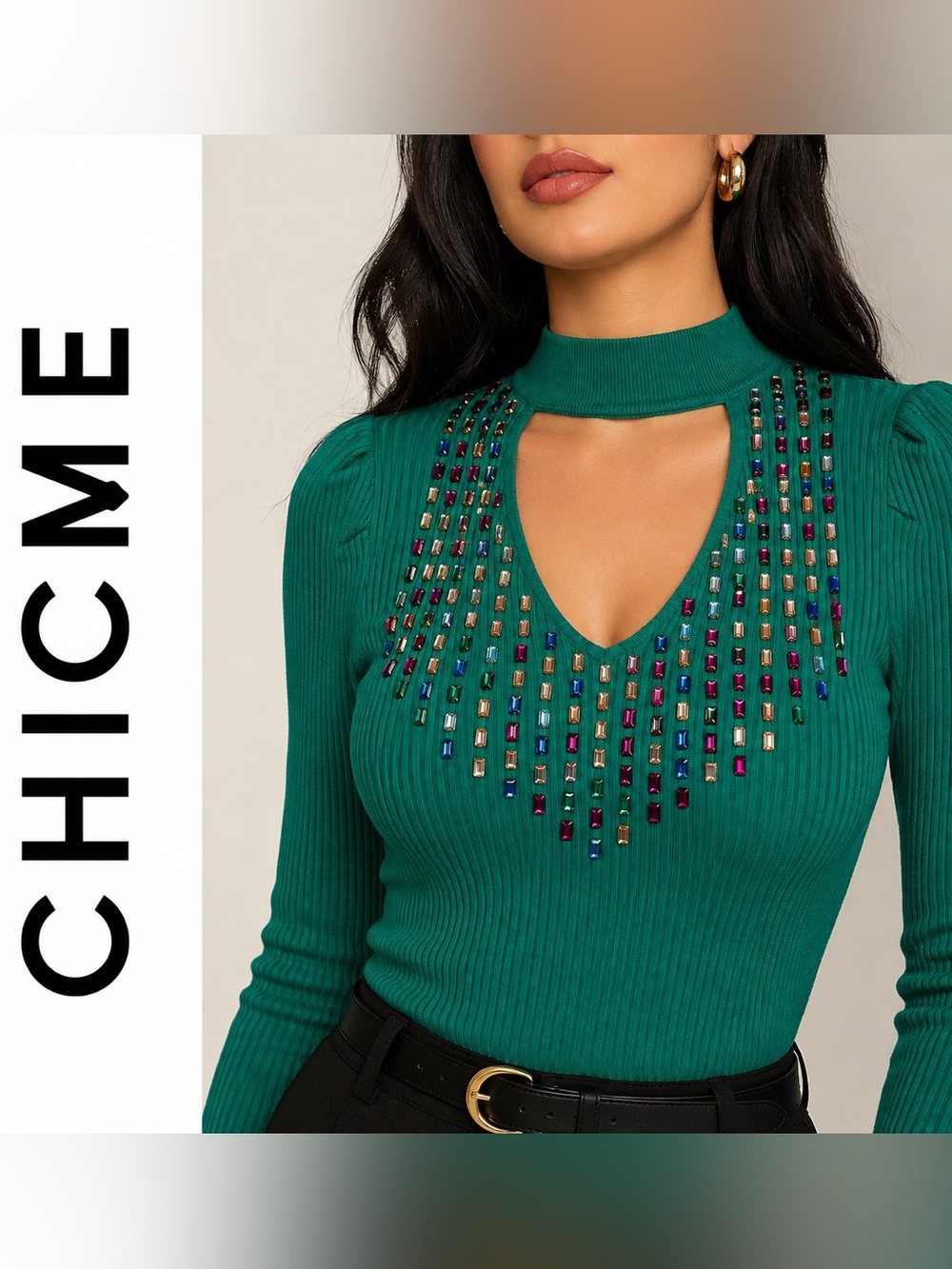 CHICME Green Embellished Ribbed V-Neck Top with Choker Detail Women’s Size M